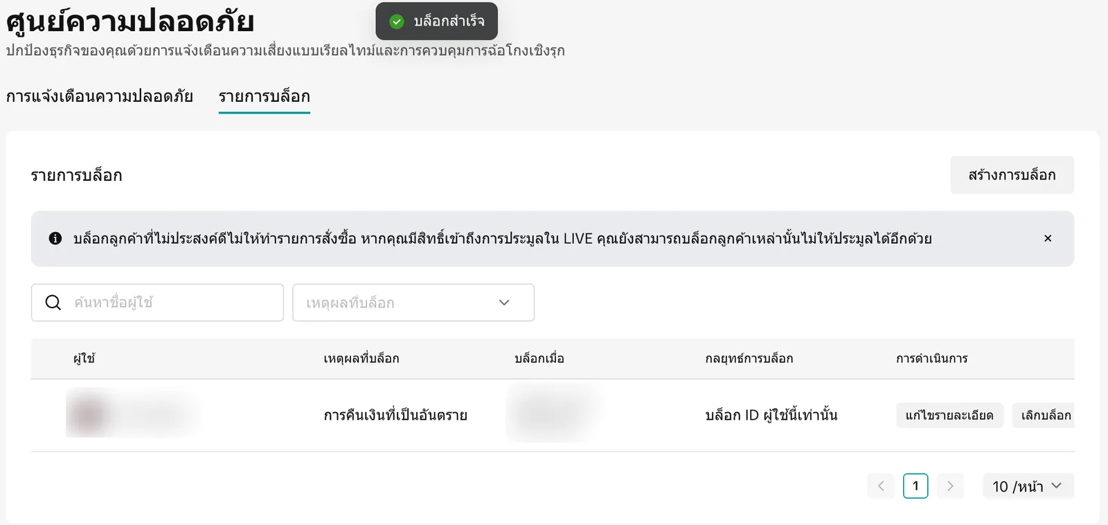 ข้อความบล็อกสำเร็จ และรายชื่อผู้ใช้ในรายการบล็อก (ชื่อผู้ใช้และเวลาถูกเบลอ)